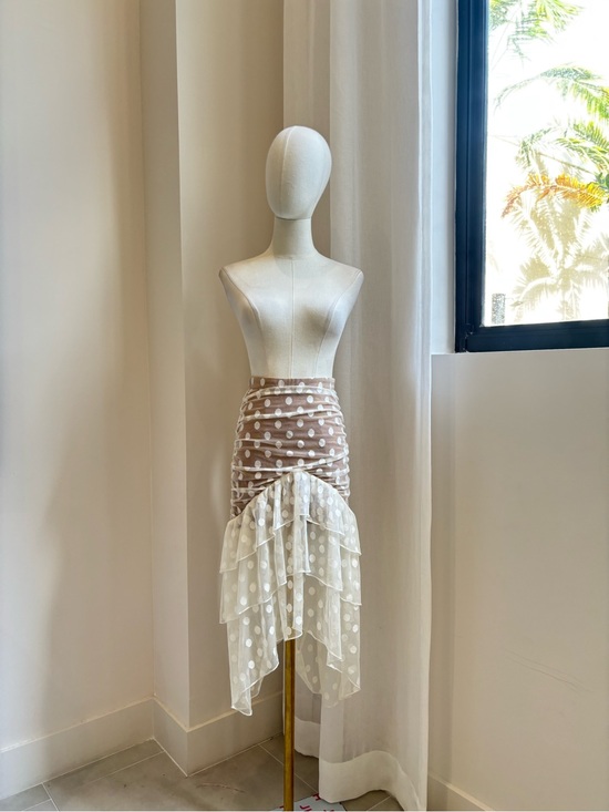 MAJORELLE Dresses & Skirts - Majorelle Revolve Polka Dot Ruched Asymmetrical Ruffle Midi Skirt